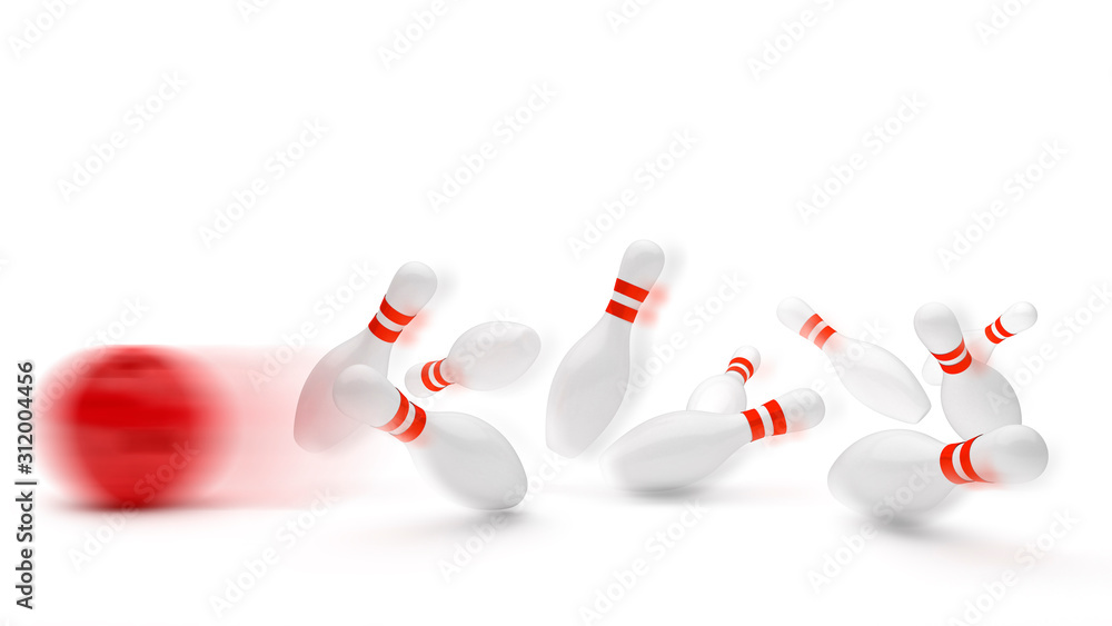 Red bowling ball hit all pins in motion. isolated on white background. 3D  illustration. Stock-Illustration | Adobe Stock
