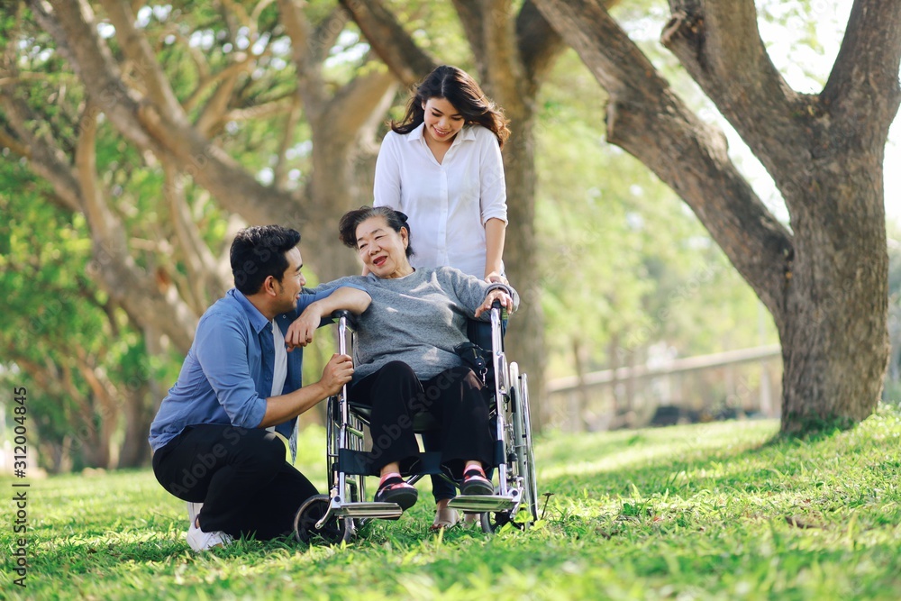 Elderly woman with family in the park Elderly woman with family in the park