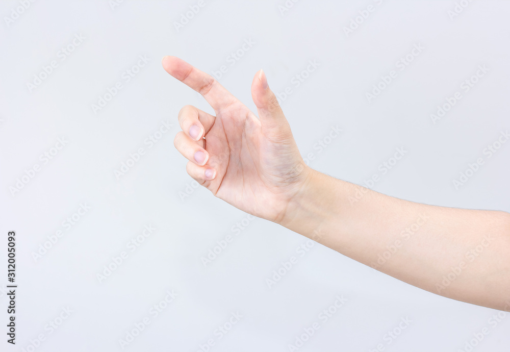 Asian beauty woman hand in holding and showing action isolated on gray background Asian beauty woman hand in holding and showing action isolated on gray background
