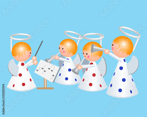 Angels orchestra, four traditional german wood figures.