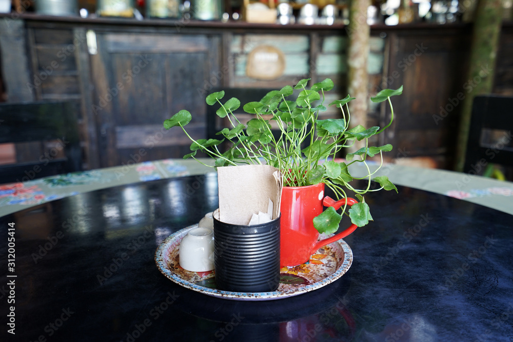 Table arrangement and decoration decorated with porcelain tissue paper cup and indoor green plant pot Table arrangement and decoration decorated with porcelain tissue paper cup and indoor green plant pot