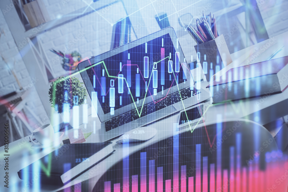 Forex market graph hologram and personal computer on background. Double exposure. Concept of investment. Forex market graph hologram and personal computer on background. Double exposure. Concept of investment.