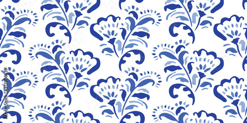 Blue Hand-Drawn Folk Classic Chintz Floral Vector Seamless Pattern on White Background