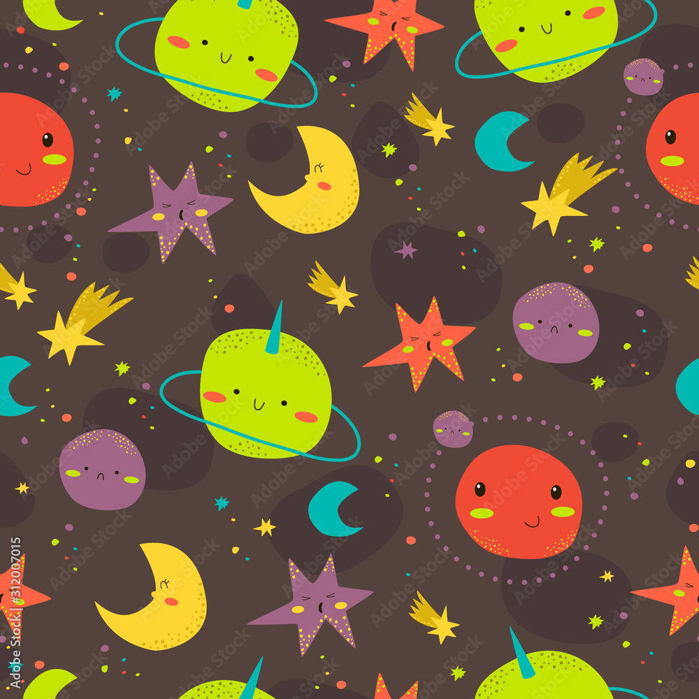 seamless pattern with cartoon planets and stars. Doodle cosmos illustration seamless pattern with cartoon planets and stars. Doodle cosmos illustration