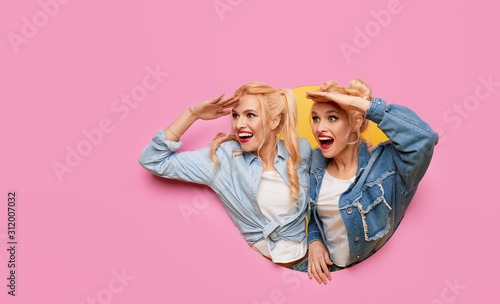 Image of two young happy shoked girlfriends women. Twins Peeping through a pink hole in the wall. Big Discount Season. Copy space for text photo