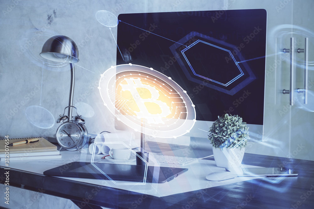 Double exposure of blockchain theme hologram and table with computer background. Concept of bitcoin crypto currency.