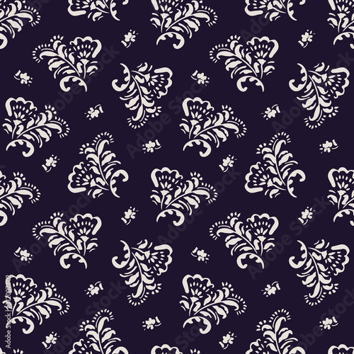 Small Scale White Hand-Drawn Folk Classic Chintz Floral Vector Seamless Pattern on Dark Background