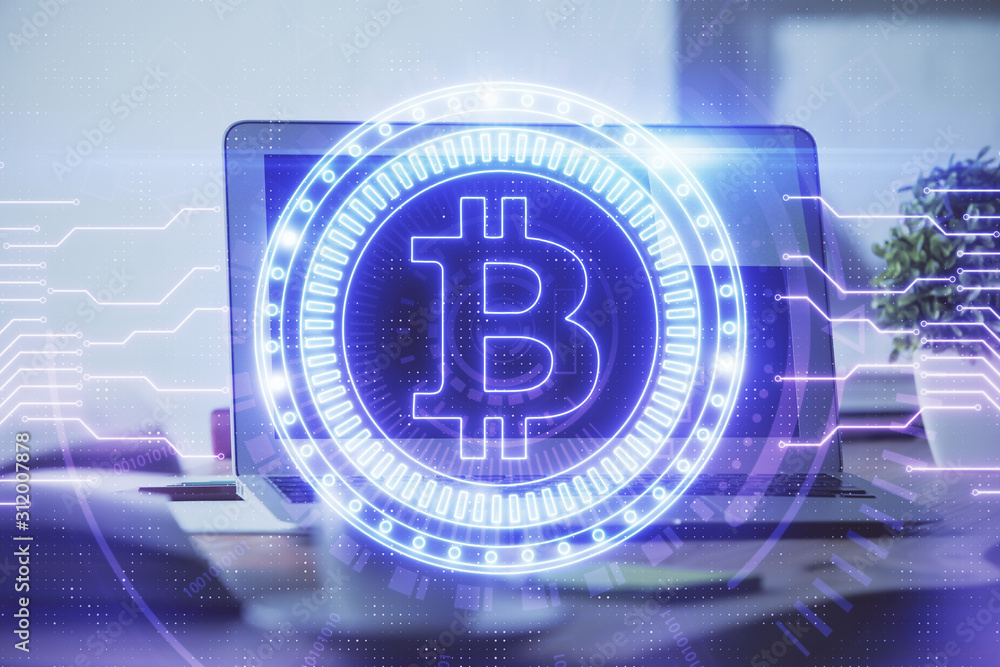 Double exposure of blockchain theme hologram and table with computer background. Concept of bitcoin crypto currency. Double exposure of blockchain theme hologram and table with computer background. Concept of bitcoin crypto currency.