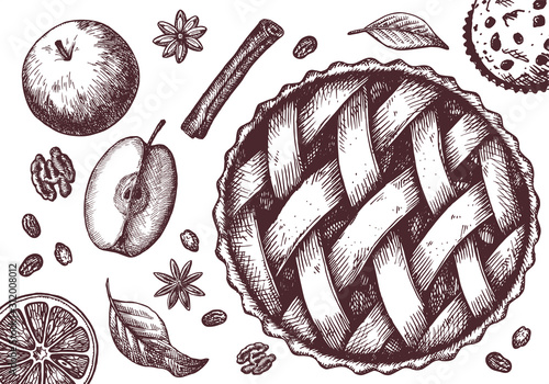Ink apple pie set with apples, cinnamon, raisins