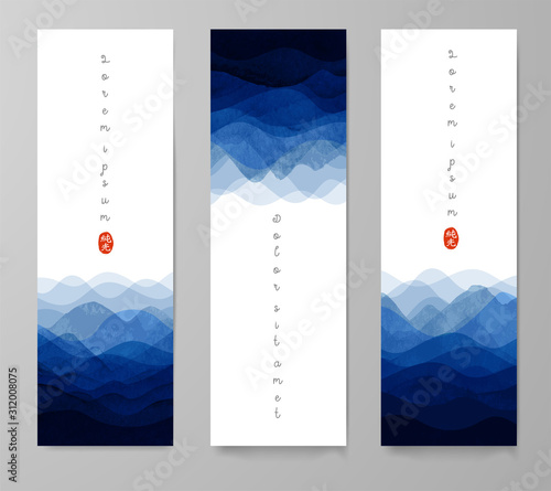 Three banners with blue waves on white background. Traditional Japanese ink wash painting sumi-e. Japanese design template. Hieroglyph - pure light
