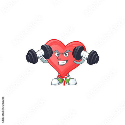 Fitness exercise red love balloon mascot icon with barbells