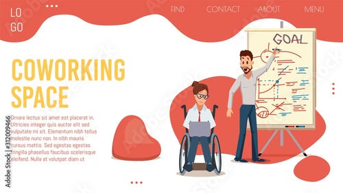 Modern Coworking Center Accessible for Disabled People Trendy Flat Vector Web Banner, Landing Page Template. Freelancers Working in Office, Female Entrepreneur in Wheelchair Using Laptop Illustration