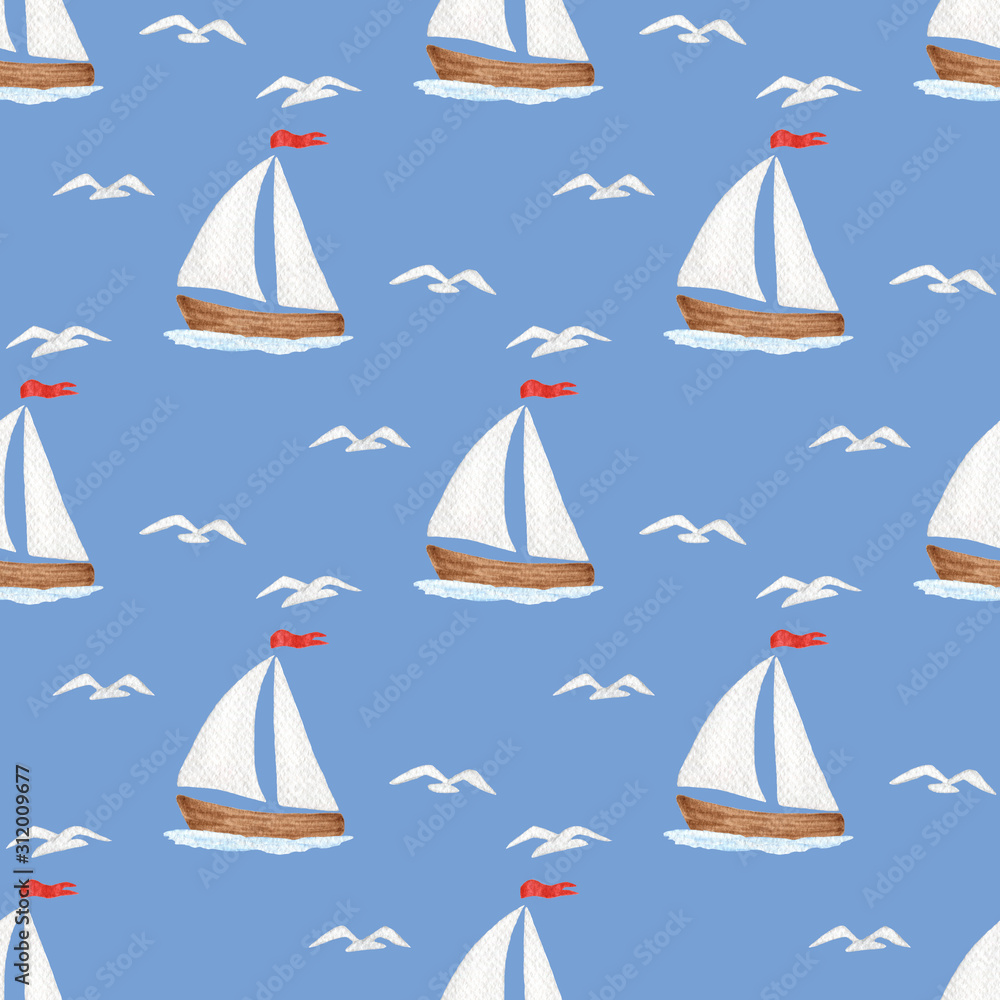 Watercolor illustration. Seamless pattern with seagulls  and sailboats on a blue background.