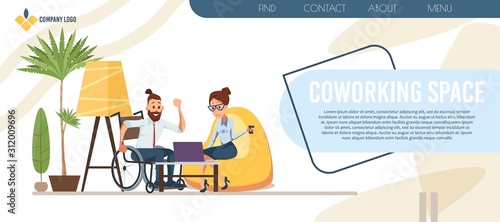 Coworking Office Center Adapted for Disabled People Needs Trendy Flat Vector Web Banner, Landing Page Template. Female Employee, Businesswoman Working in Office with Disabled Colleague Illustration