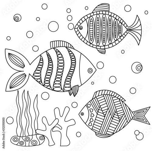 Hand drawn line doodle fishes in the water. Zen tangle style of fish illustration. Sea life design for coloring book page.