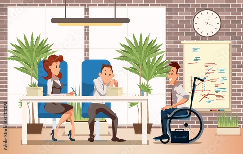 Job Interview with Disabled Vacancy Candidate Trendy Flat Vector Concept with Company Head, Hr Managers Talking with Young Man in Wheelchair, Listening Job Applicant Self-Presentation Illustration