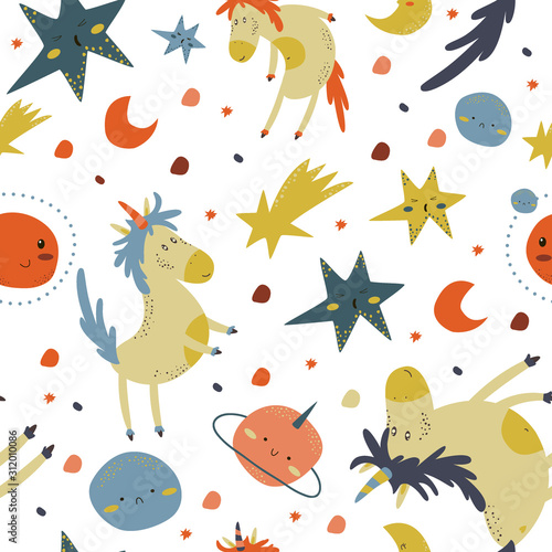 seamless pattern with cartoon unicorn in space. Vector illustration.