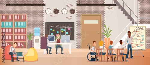 Work Opportunities for People with Disabilities Trendy Flat Vector Concept. Company Employee in Wheelchair Discussing and Planing Business Strategy on Meeting with Colleagues in Office Illustration