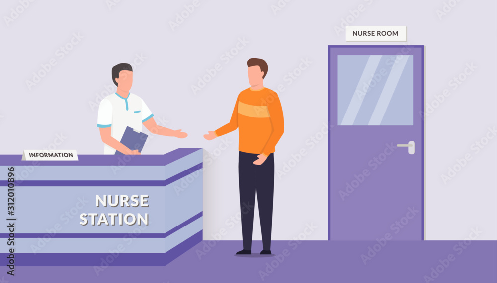 patient waiting on the nurse lobby waiting room with desk room with modern flat style - vector