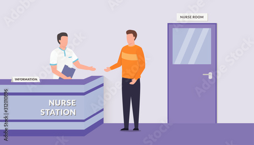 patient waiting on the nurse lobby waiting room with desk room with modern flat style - vector