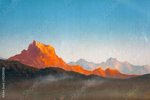 Fragment of a painting in the style of surrealism oil painted on canvas - mountains