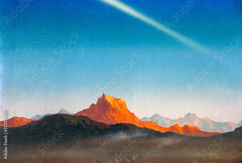 Fragment of a painting in the style of surrealism oil painted on canvas - mountains