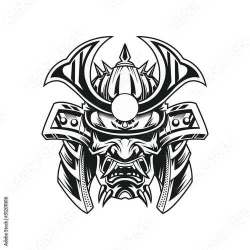 samurai black and white vector illustration isolated on white background
