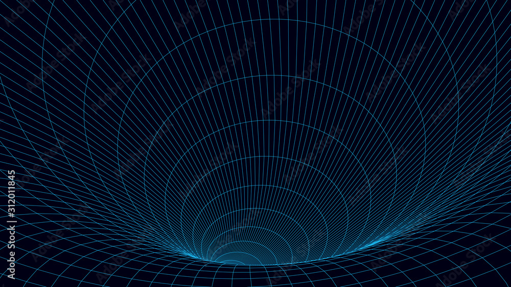 Vortex. Vector perspective curved grid. Wireframe abstract tunnel. 3D vector wormhole with a mesh structure. Vortex. Vector perspective curved grid. Wireframe abstract tunnel. 3D vector wormhole with a mesh structure.