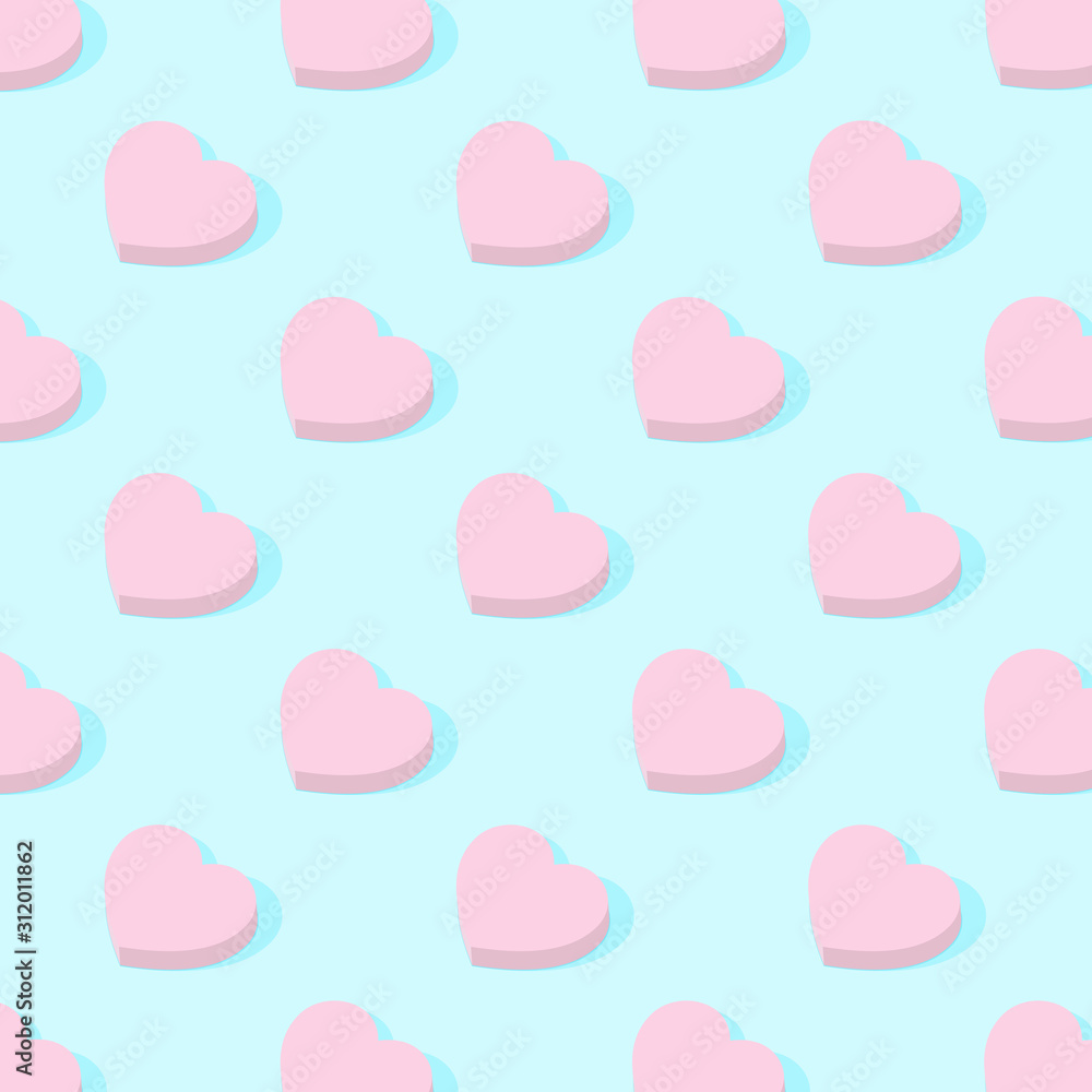 Trendy pattern of pink geometric hearts on a delicate blue background. Minimal holiday concept. Sun shadow. Trendy pattern of pink geometric hearts on a delicate blue background. Minimal holiday concept. Sun shadow.