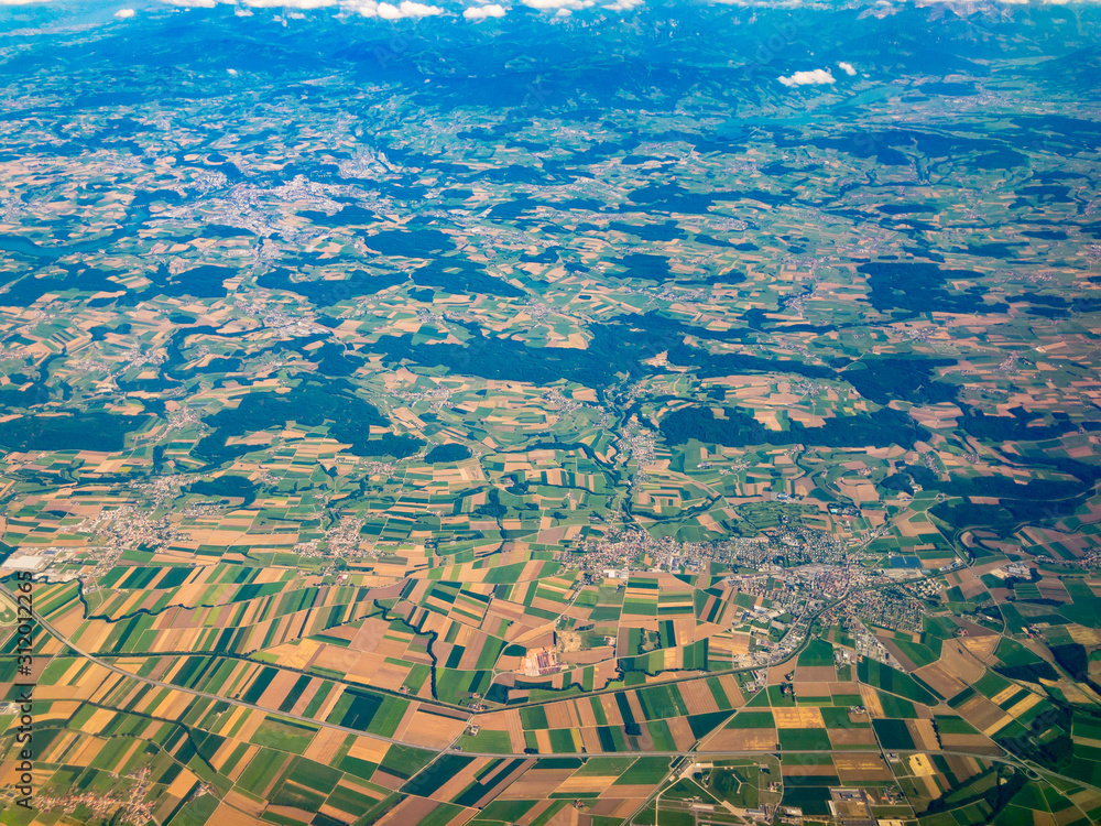 Top aerial view of country side in Switzerland