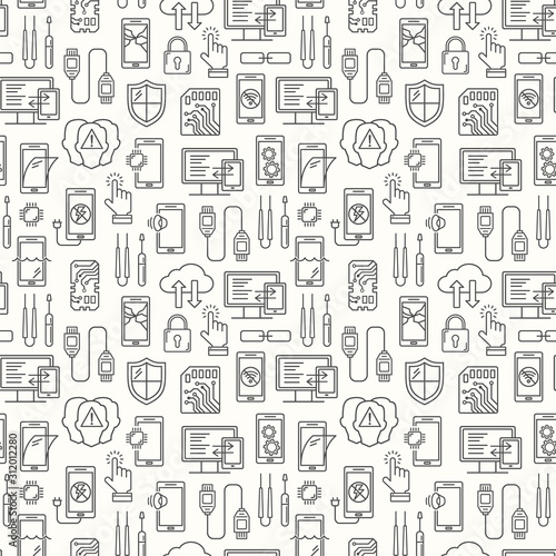 Mobile repair service  phone fix seamless pattern. Smartphone common issues  repair and accessories background. Mobile service thin line logotype and symbols. Electronic equipment  technology