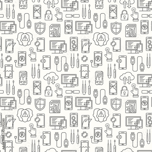 Mobile repair service, phone fix seamless pattern. Smartphone common issues, repair and accessories background. Mobile service thin line logotype and symbols. Electronic equipment, technology