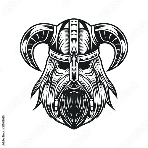 viking head black and white illustration isolated on white background
