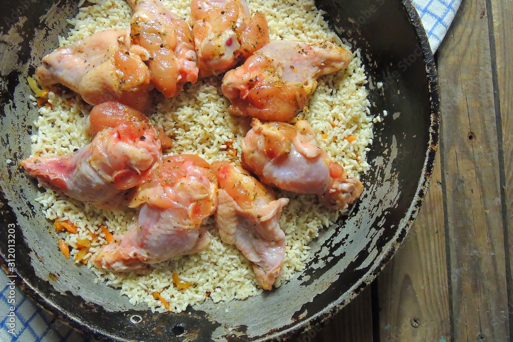 preparation before zapimaniya. rice and meat preparation before zapimaniya. rice and meat