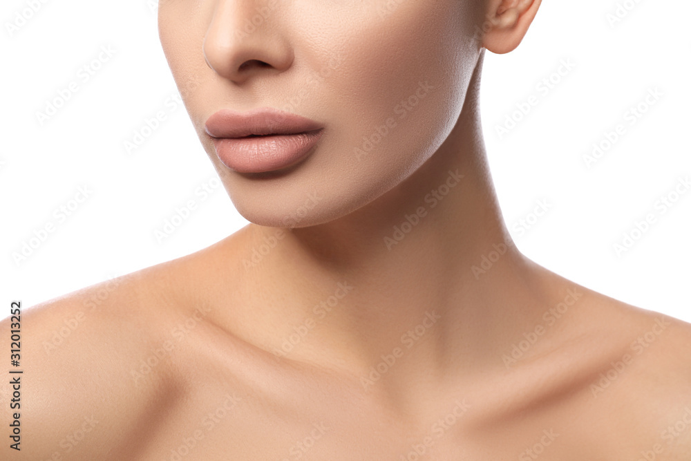 Woman with pink lipstick on white background, closeup Woman with pink lipstick on white background, closeup