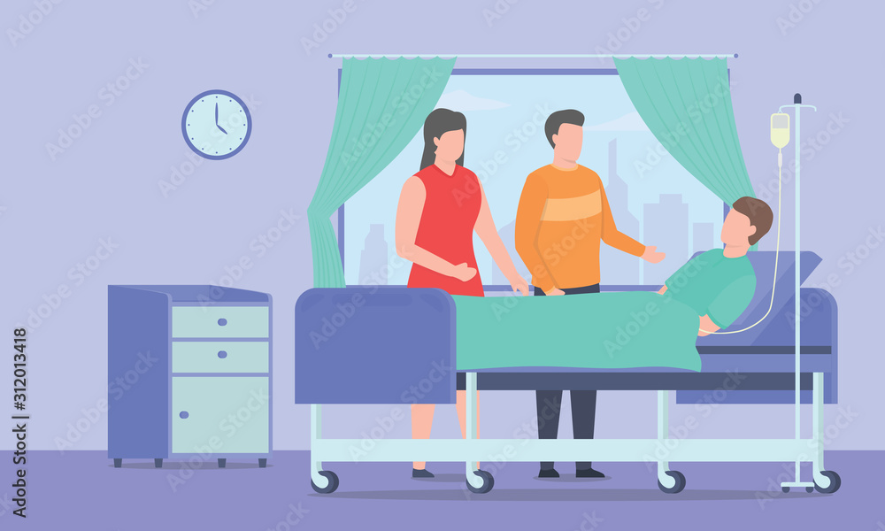 visit friend sick on bed hospital room with modern flat style - vector