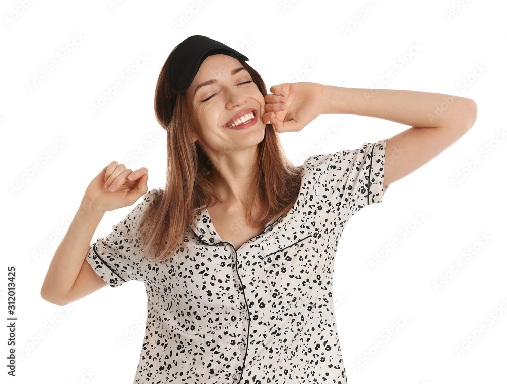 Beautiful woman wearing pajamas and sleep mask on white background. Bedtime Beautiful woman wearing pajamas and sleep mask on white background. Bedtime