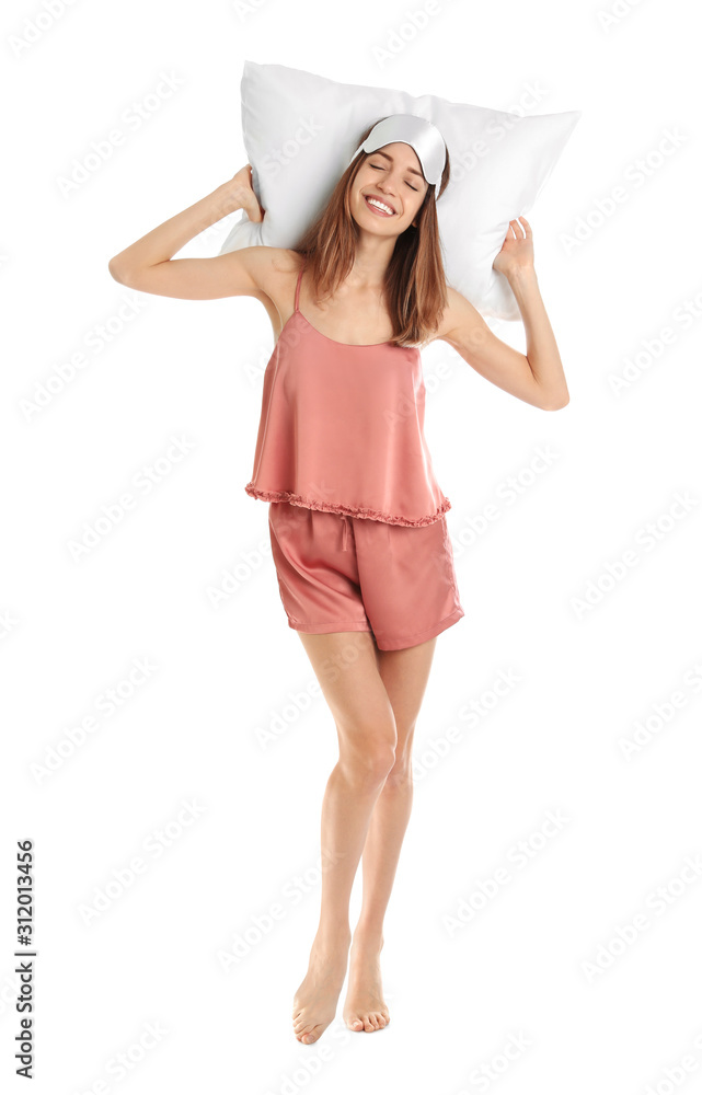 Beautiful woman with pillow and sleep mask on white background. Bedtime Beautiful woman with pillow and sleep mask on white background. Bedtime