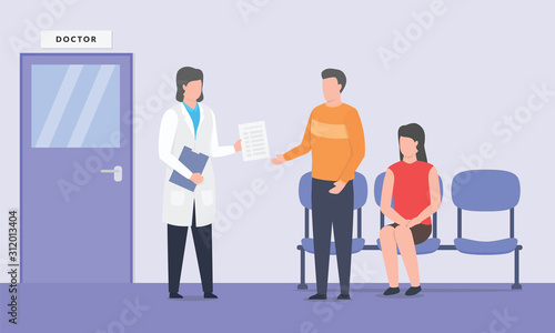doctor consultation with patient standing in front of doctor room office hospital with modern flat style - vector