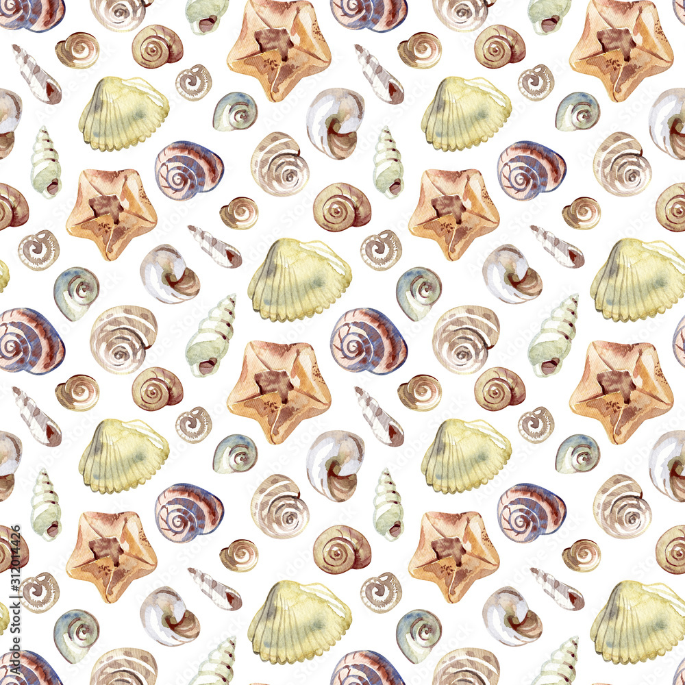 Sea shells and starfish watercolor seamless pattern. Sea shells and starfish watercolor seamless pattern.