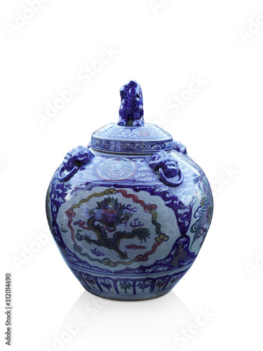 Di cut antique beautiful blue ceramic jar and ceramic lid on white background, object, copy space