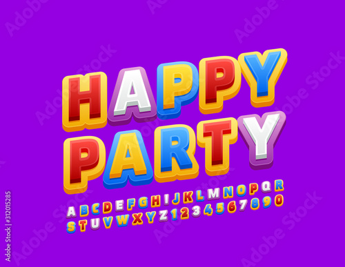 Vector Colorful Emblem Happy Party. Bright Kids Font. Creative Alphabet Letters and Numbers.