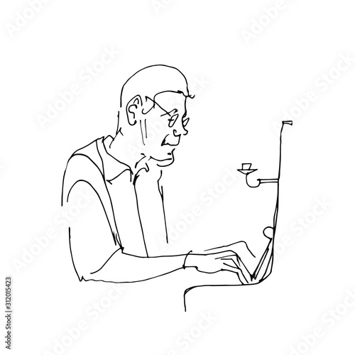 Drawing contour of piano player. Pianist sitting at the piano. Classical musician silhouette. Black lines on white background. Vector musical illustration.