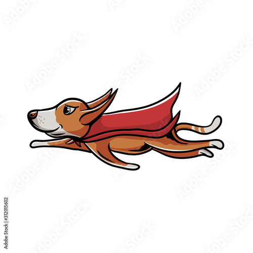 Superhero dog flying illustration. Funny animal character in cartoon style.  Isolated on white background