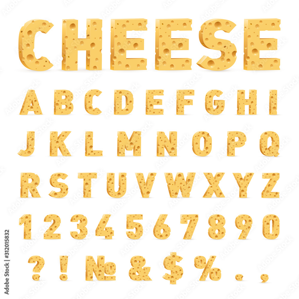Font from Cheese. Cheese in the Form of Letters, Numbers, and Symbols. Illustration of Stylized Cute Alphabet Cartoon Cheese Letters to Make Your Text on White Background