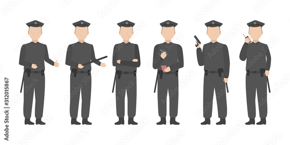 Police officer standing in diverse poses. Vector.