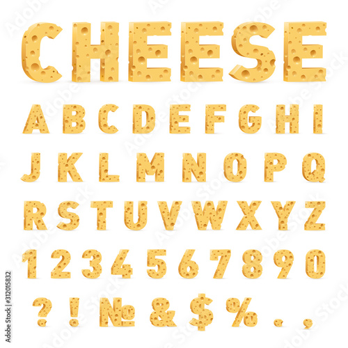 Font from Cheese. Cheese in the Form of Letters, Numbers, and Symbols. Illustration of Stylized Cute Alphabet Cartoon Cheese Letters to Make Your Text on White Background