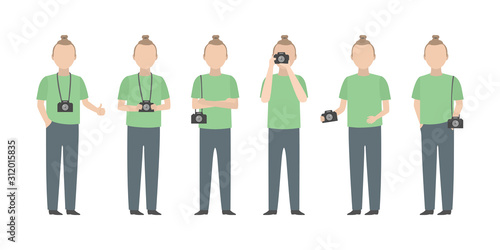 Young fashion photographer standing in diverse poses. Vector.