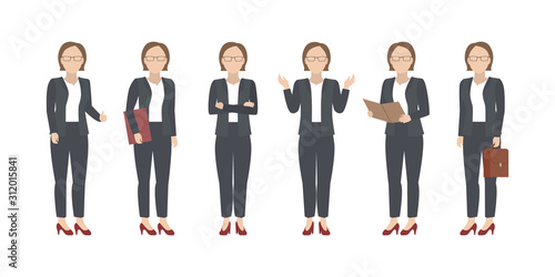 Female lawyer in suit standing in diverse poses. Vector.