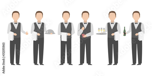 Waiter with towel around his arm standing in diverse poses. Vector.